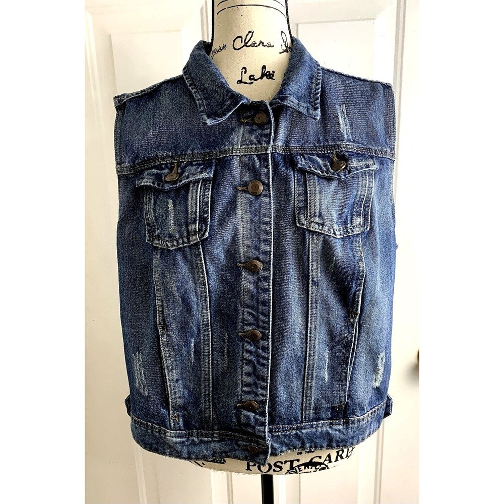 One 5 One Denim Vest Womens XL Blue Button Up W/ Distressing Sleeveless Jacket